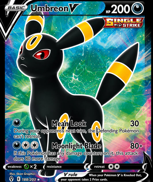 Umbreon V Pokémon card artwork featuring black and yellow Umbreon with glowing red eyes and neon galaxy background