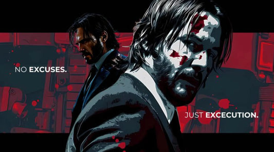 Close-up assassin portrait desk mat with dramatic red lighting and ‘Just execution’ quote, dark minimal gaming aesthetic.