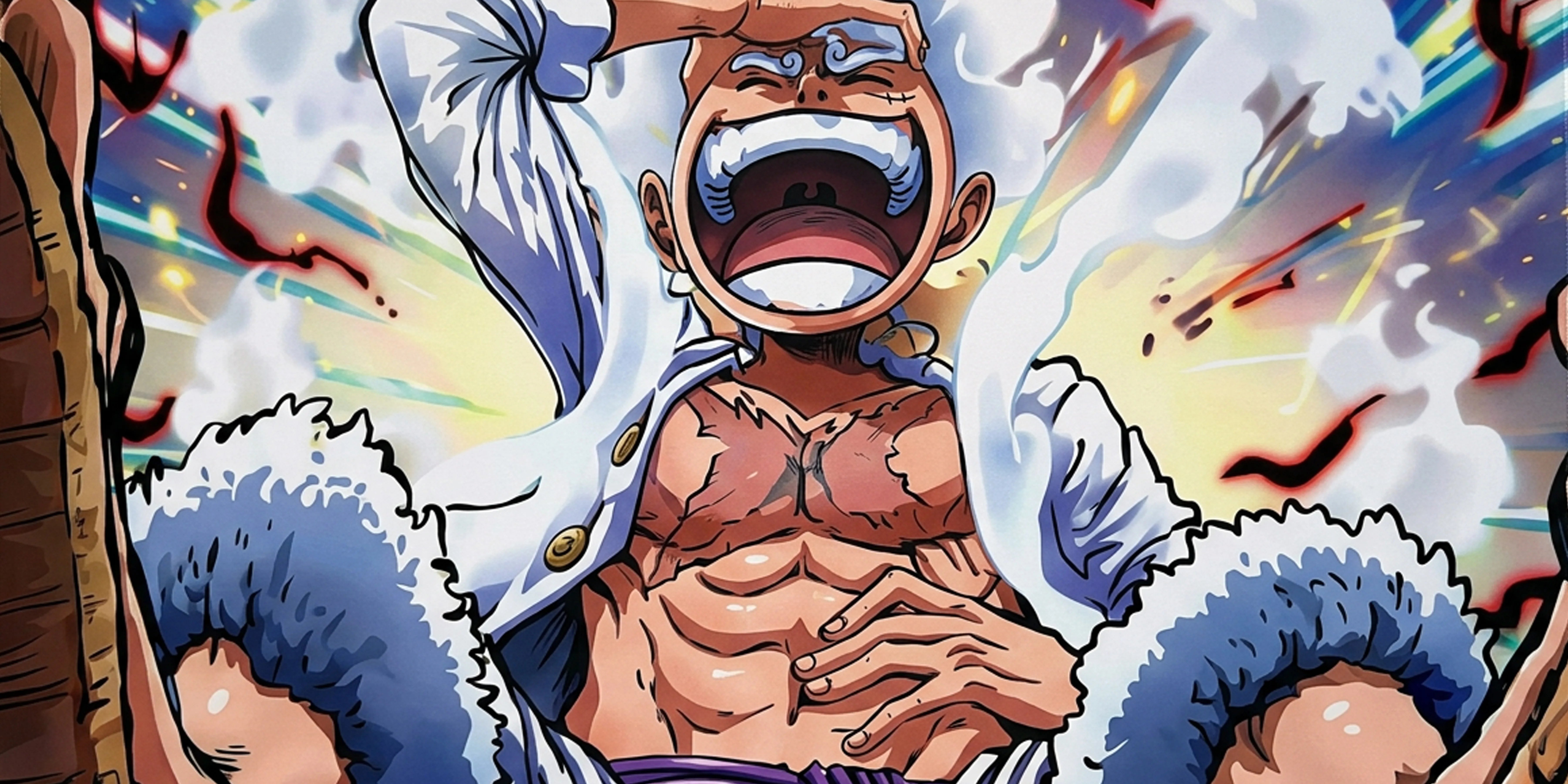 Close-up of Gear 5 Luffy laughing with white hair and open mouth, surrounded by colorful energy effects on anime desk mat.