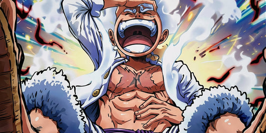 Close-up of Gear 5 Luffy laughing with white hair and open mouth, surrounded by colorful energy effects on anime desk mat.