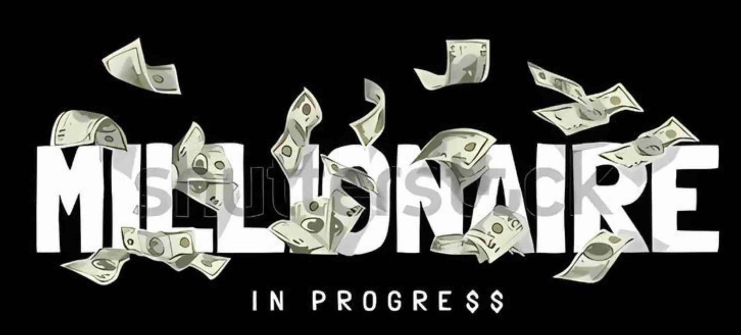 Close-up of ‘Millionaire in Progress’ typography with flying dollar bills, motivational wealth mindset desk mat design.