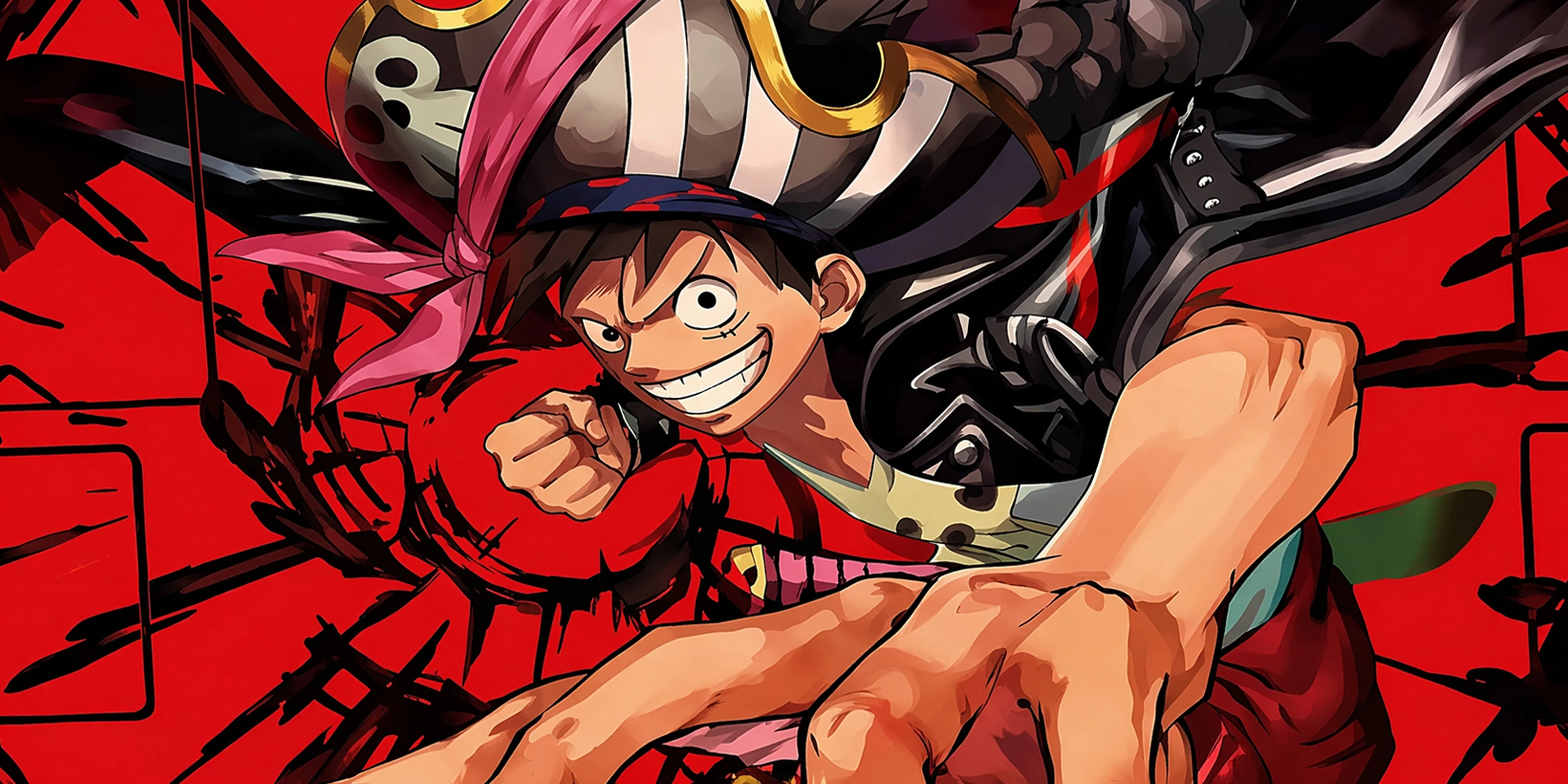 Close-up of Monkey D. Luffy pirate-themed anime mouse pad with bold red background, detailed artwork, and smooth extended desk mat surface.