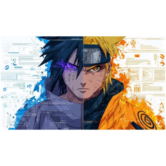 Close-up of Naruto and Sasuke anime artwork featuring split blue and orange theme with intense facial expressions and detailed graphic elements.