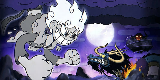 Close-up of One Piece desk mat featuring Gear 5 Luffy fighting Kaido under moonlight with detailed anime artwork.