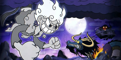 Close-up of One Piece desk mat featuring Gear 5 Luffy fighting Kaido under moonlight with detailed anime artwork.