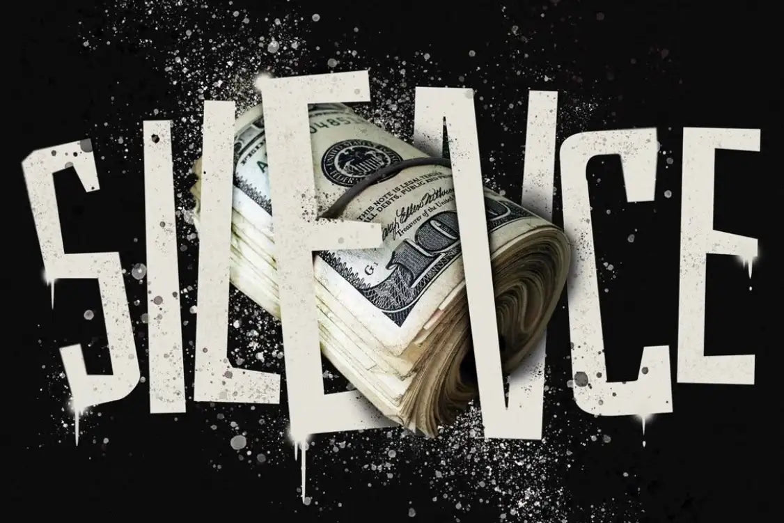 Close-up of ‘Silence’ typography with stacked dollar bills, motivational success desk mat for hustle and discipline mindset.