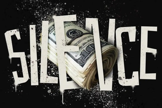 Close-up of ‘Silence’ typography with stacked dollar bills, motivational success desk mat for hustle and discipline mindset.