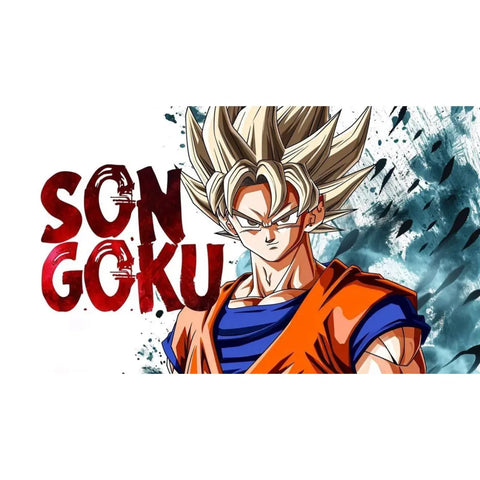 Close-up of Son Goku anime desk mat with bold “SON GOKU” text and dynamic graphic design.