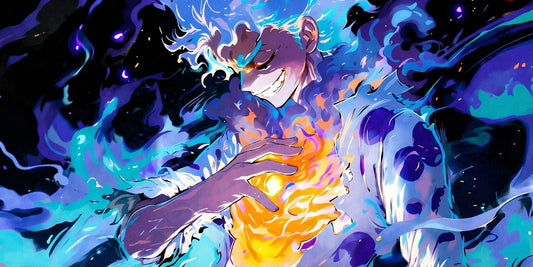 Close-up of anime character with glowing energy orb, colorful blue and purple effects on large gaming mouse pad.