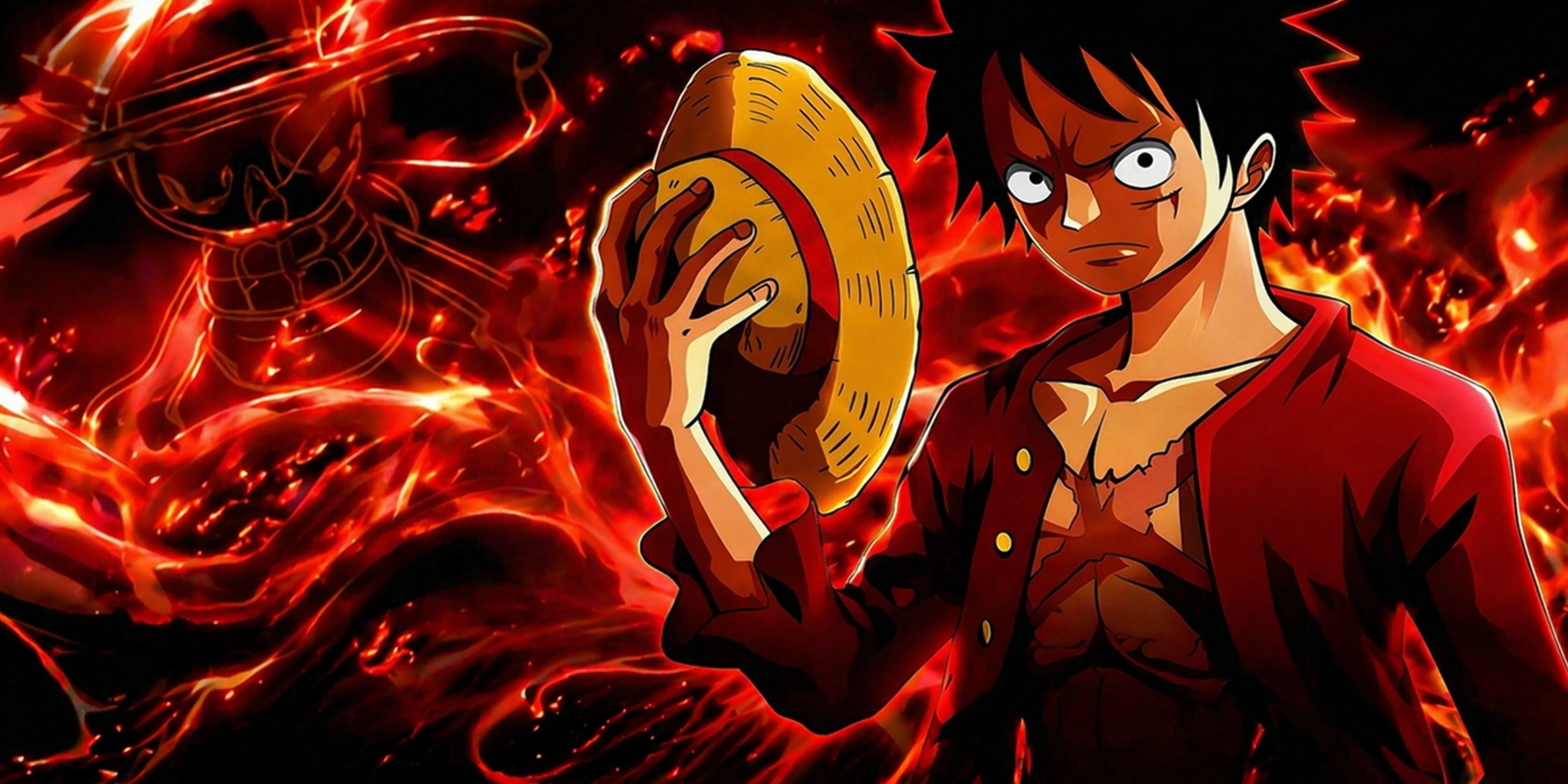 Close-up of anime character with straw hat surrounded by red flames on a vibrant gaming mouse pad design.