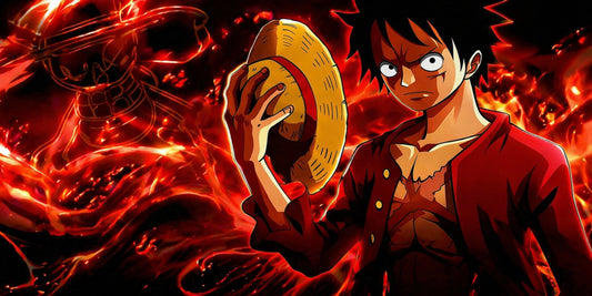 Close-up of anime character with straw hat surrounded by red flames on a vibrant gaming mouse pad design.
