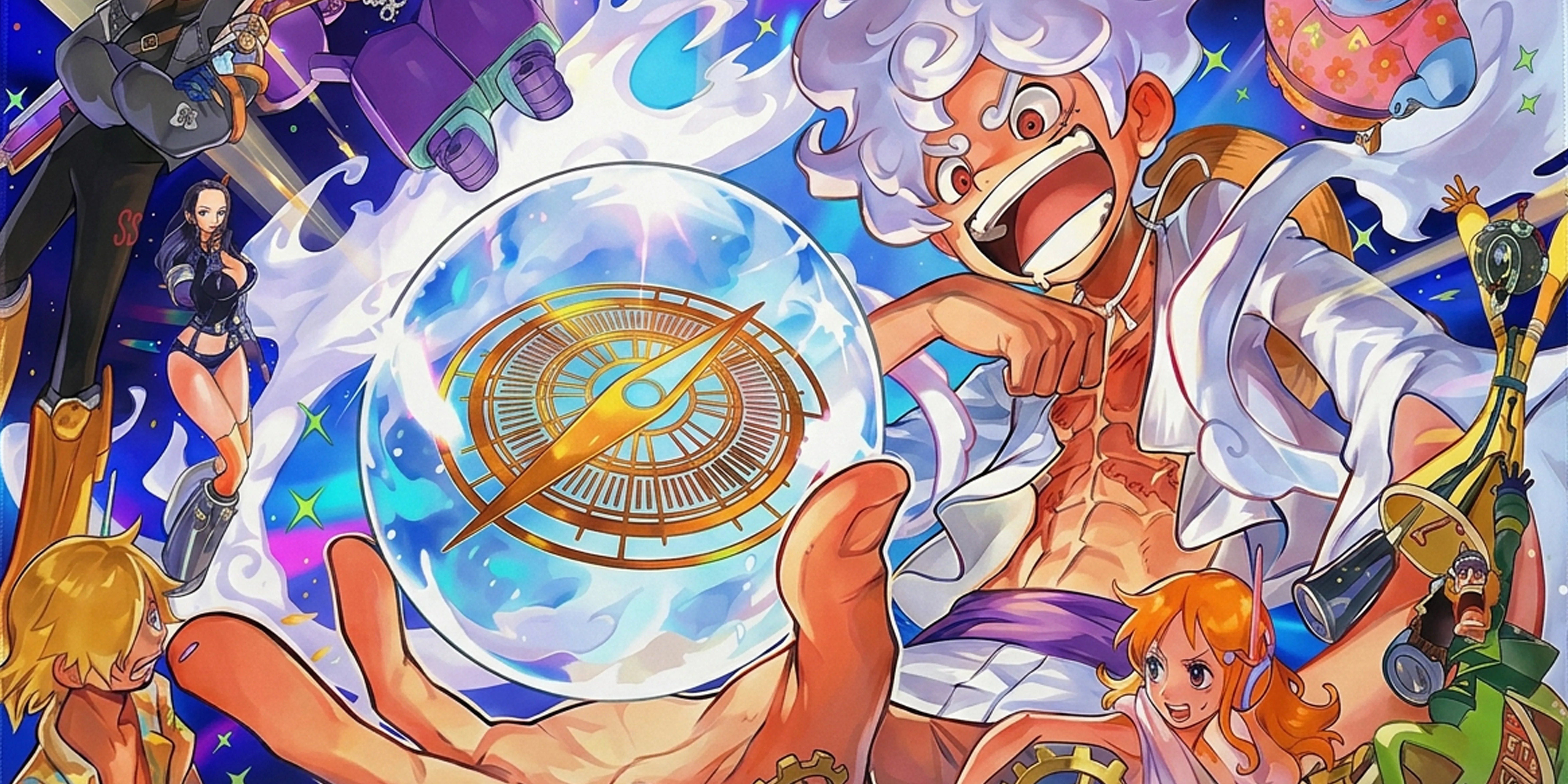 Close-up of anime desk mat with detailed character collage and glowing compass artwork in bright blue, orange, and purple colors.