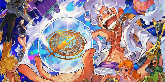 Close-up of anime desk mat with detailed character collage and glowing compass artwork in bright blue, orange, and purple colors.