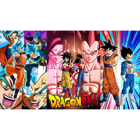 Colorful Dragon Ball collage featuring Goku and Vegeta in multiple forms, including Super Saiyan Blue and fusion characters, with bold anime-style backgrounds