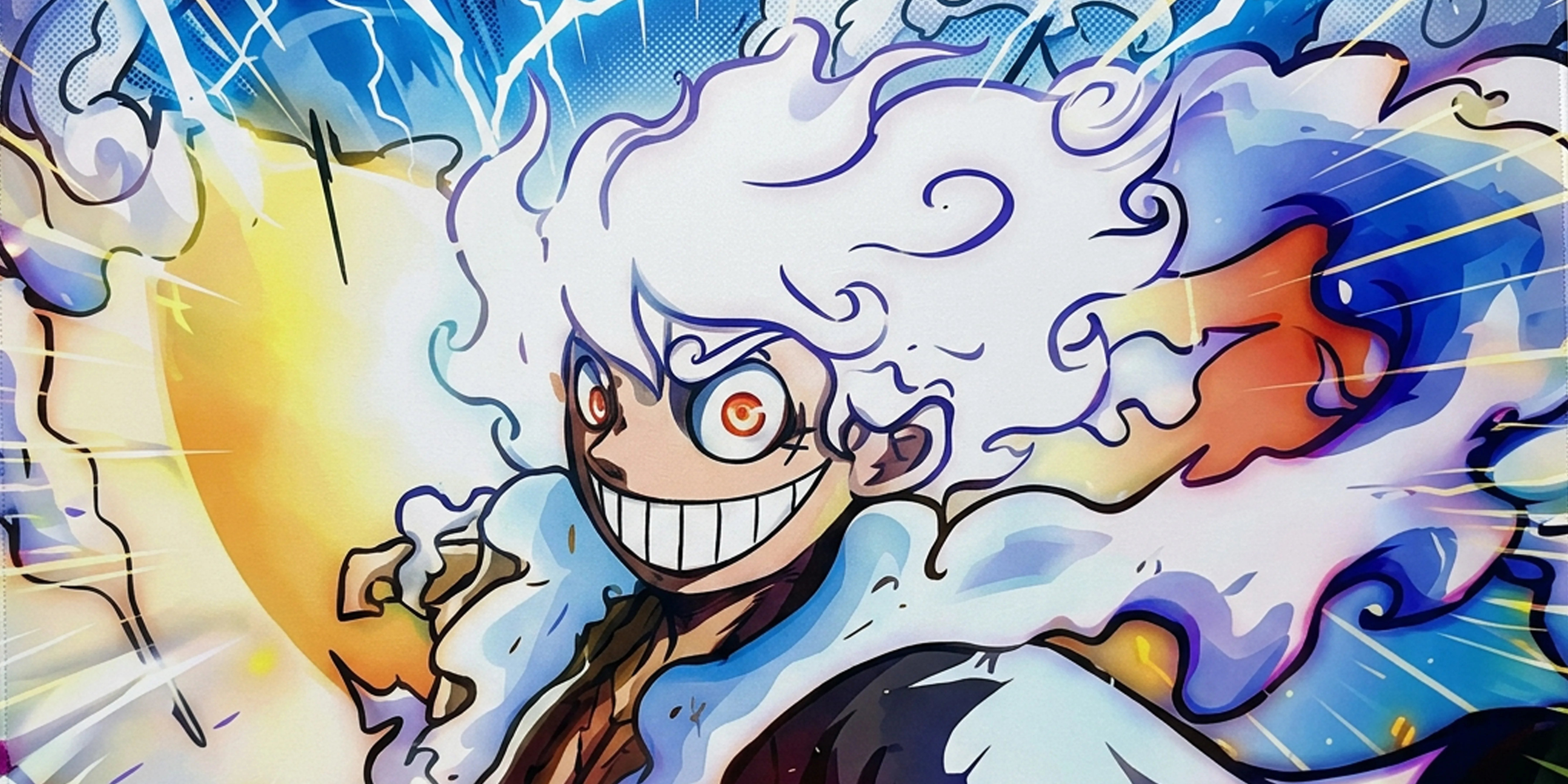 Colorful Gear 5 Luffy anime artwork on large gaming mouse pad with vibrant energy effects and detailed illustration