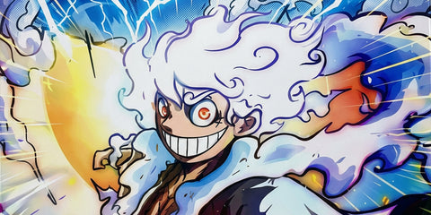 Colorful Gear 5 Luffy anime artwork on large gaming mouse pad with vibrant energy effects and detailed illustration