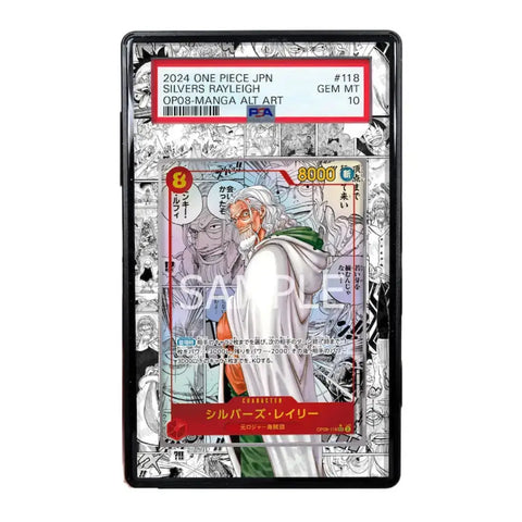 A graded One Piece trading card featuring Silvers Rayleigh from OP08 manga art, encapsulated in a PSA holder. The card is displayed against a black-and-white manga comic book background.