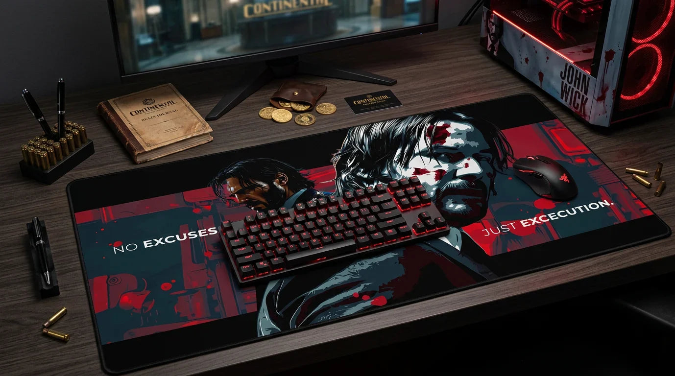 Dark assassin themed gaming mouse pad with ‘No excuses just execution’ quote, red and black cinematic desk mat design.