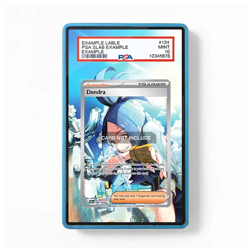 Front view of the Dendra-inspired extended art display case for Pokémon TCG collectors.