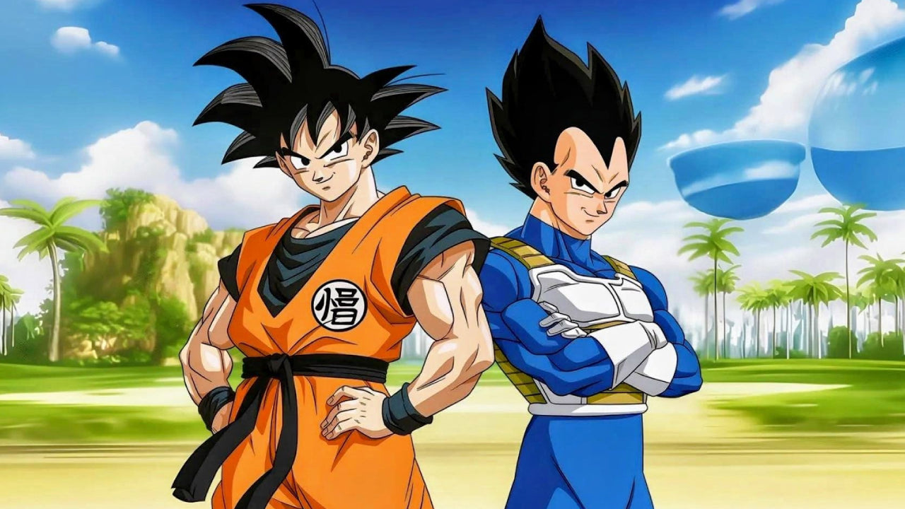 An anime-style illustration of two characters standing outdoors under a blue sky with clouds and palm trees. The character on the left wears an orange martial arts gi with a black sash, and the character on the right wears a blue and white outfit.