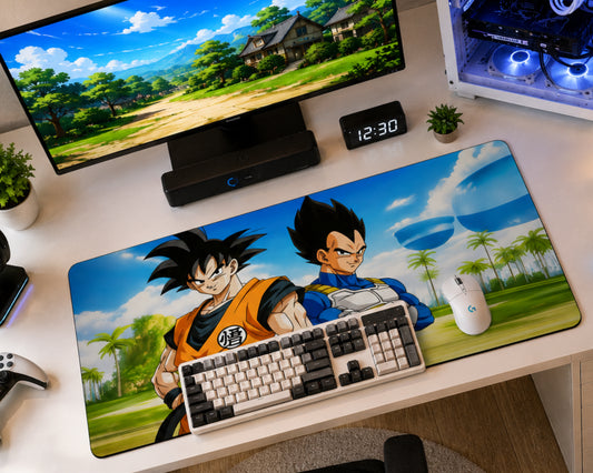 A large desk mat featuring anime characters Goku and Vegeta from Dragon Ball Z, styled on a white desk with a keyboard, mouse, computer monitor, and small plants.
