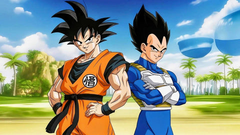 An anime-style illustration of two characters standing outdoors under a blue sky with clouds and palm trees. The character on the left wears an orange martial arts gi with a black sash, and the character on the right wears a blue and white outfit.