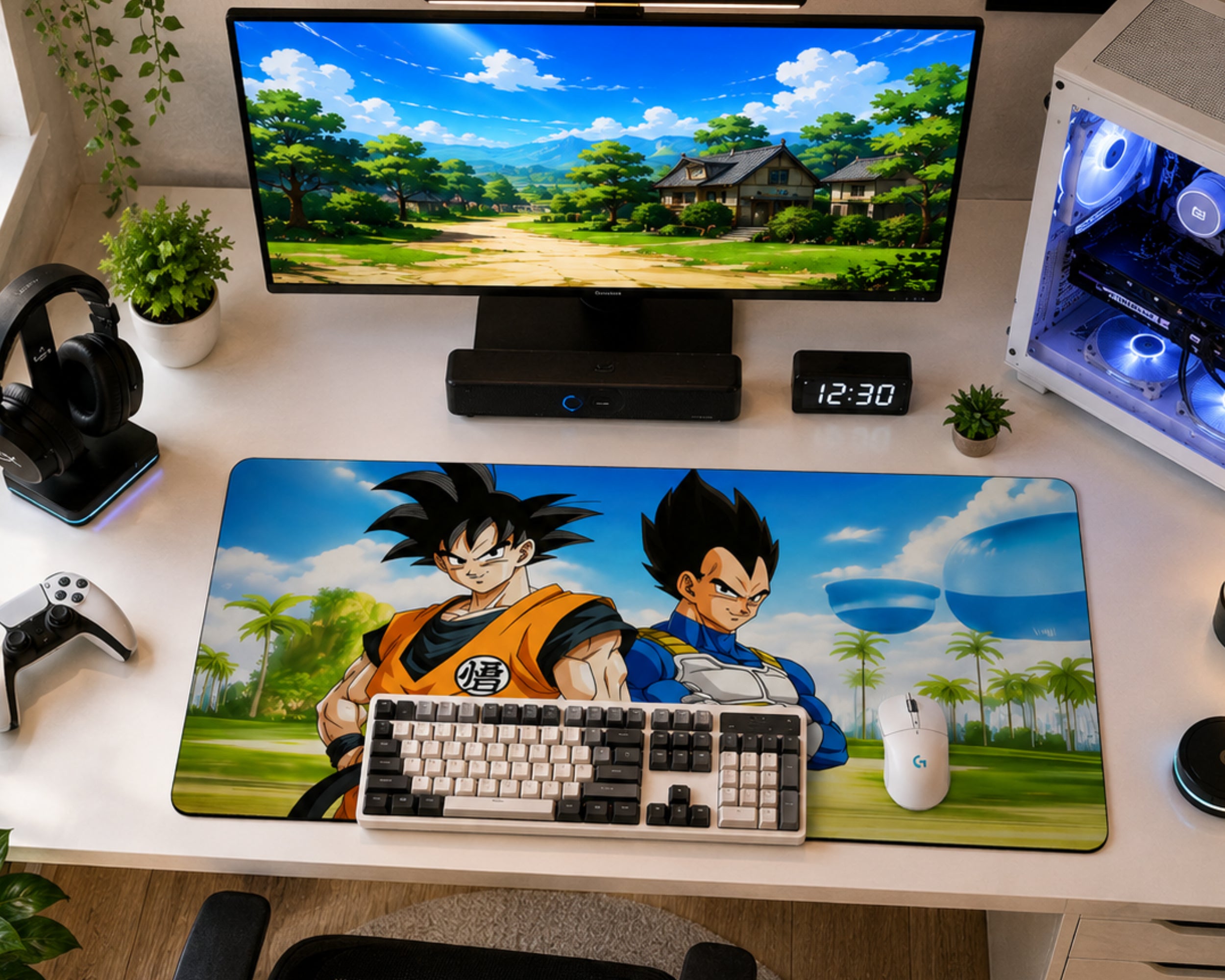 A large desk mat featuring Dragon Ball Z characters Goku and Vegeta, styled on a white desk with a keyboard, mouse, monitor, and gaming accessories.