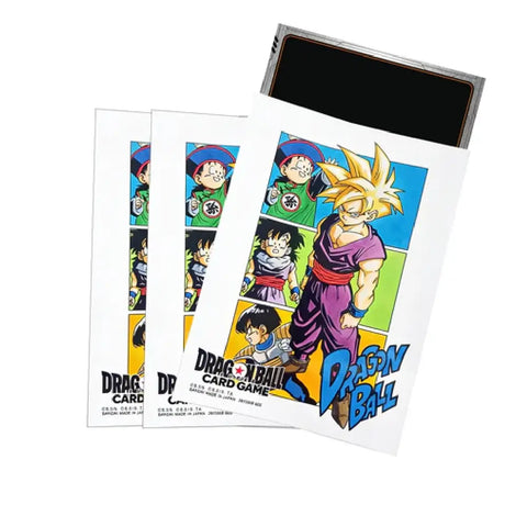 A group of Dragon Ball Super Fusion World Manga Collection 4 sleeves featuring the Son Gohan evolution artwork with a Dragon Ball card inserted for display.