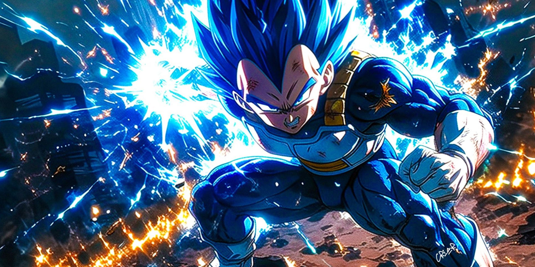 Anime-style artwork of a muscular blue-haired character in a blue and white outfit, crouching in front of a bright blue energy burst with orange sparks around him.