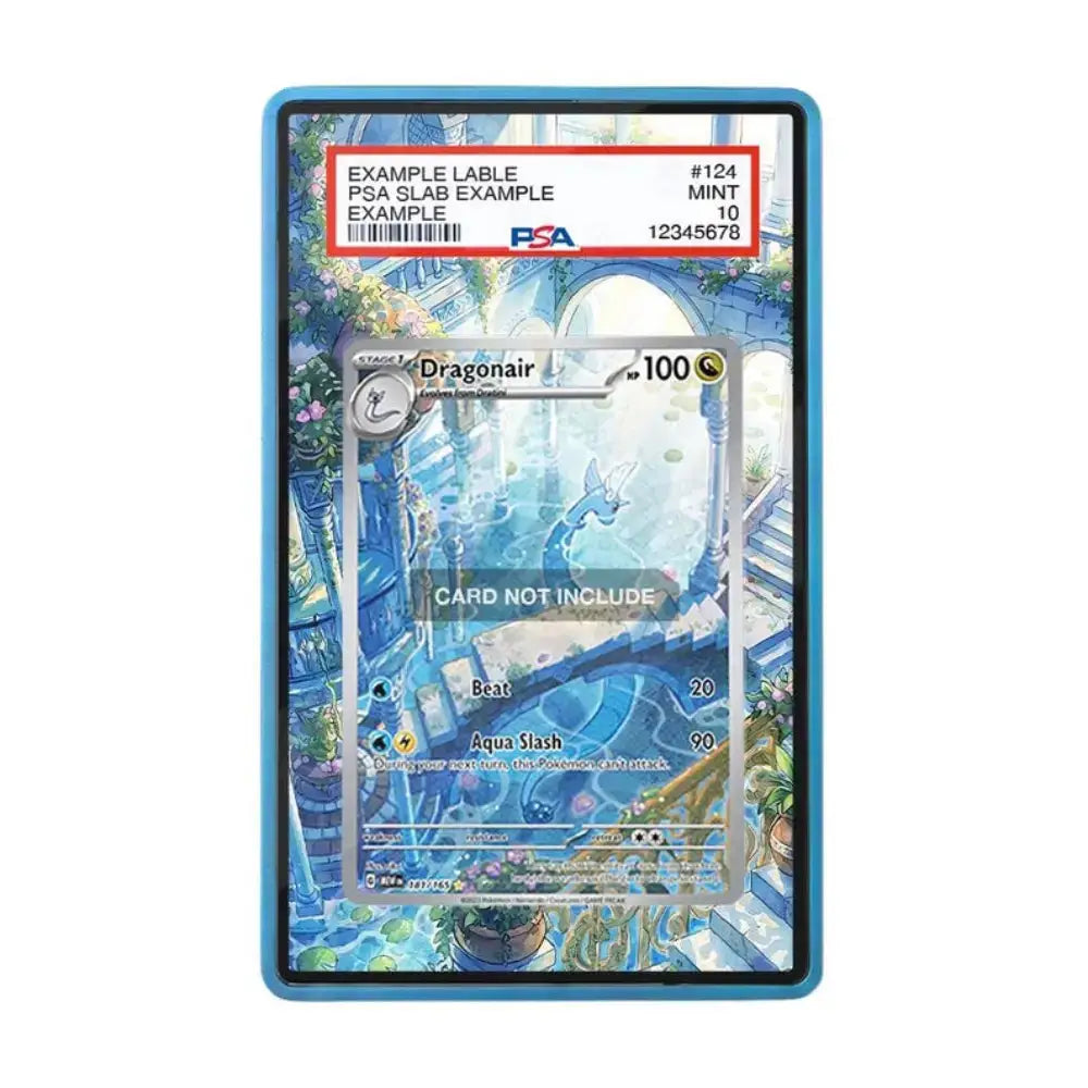 A PSA-graded sample trading card in a blue slab, showing an illustrated card design with a red PSA label at the top and placeholder text indicating the card is not included.