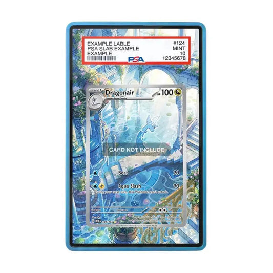 A PSA-graded sample trading card in a blue slab, showing an illustrated card design with a red PSA label at the top and placeholder text indicating the card is not included.