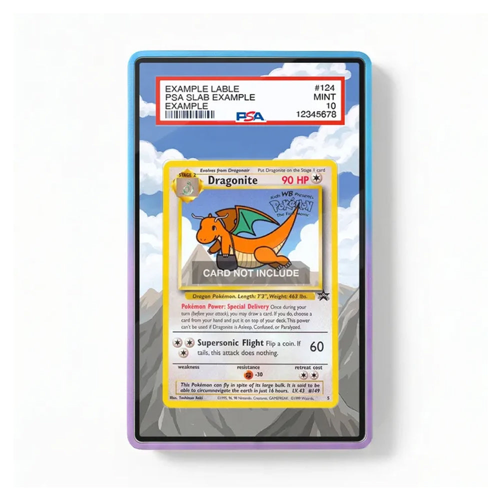 Front view of a Dragonite #5 Wizards Black Star Promo-inspired extended art display case for Pokémon TCG collectors.