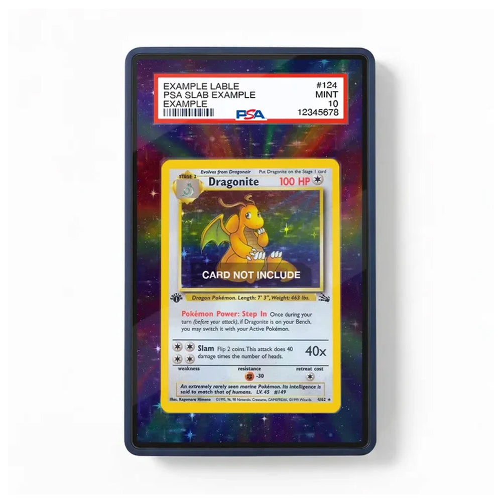 Front view of a Dragonite Fossil 1st Edition Holo-inspired extended art display case for Pokémon TCG collectors.