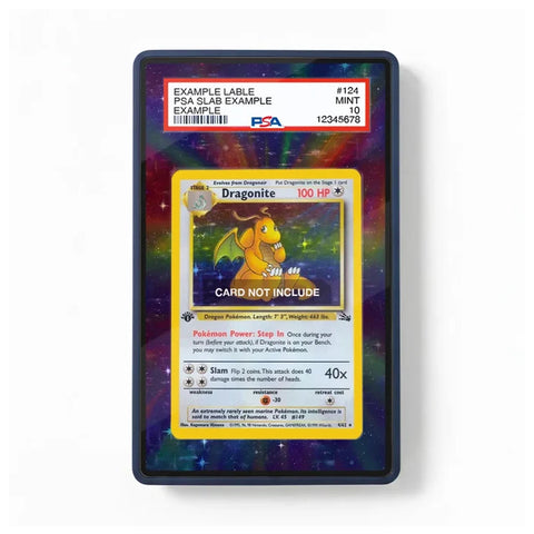 Front view of a Dragonite Fossil 1st Edition Holo-inspired extended art display case for Pokémon TCG collectors.