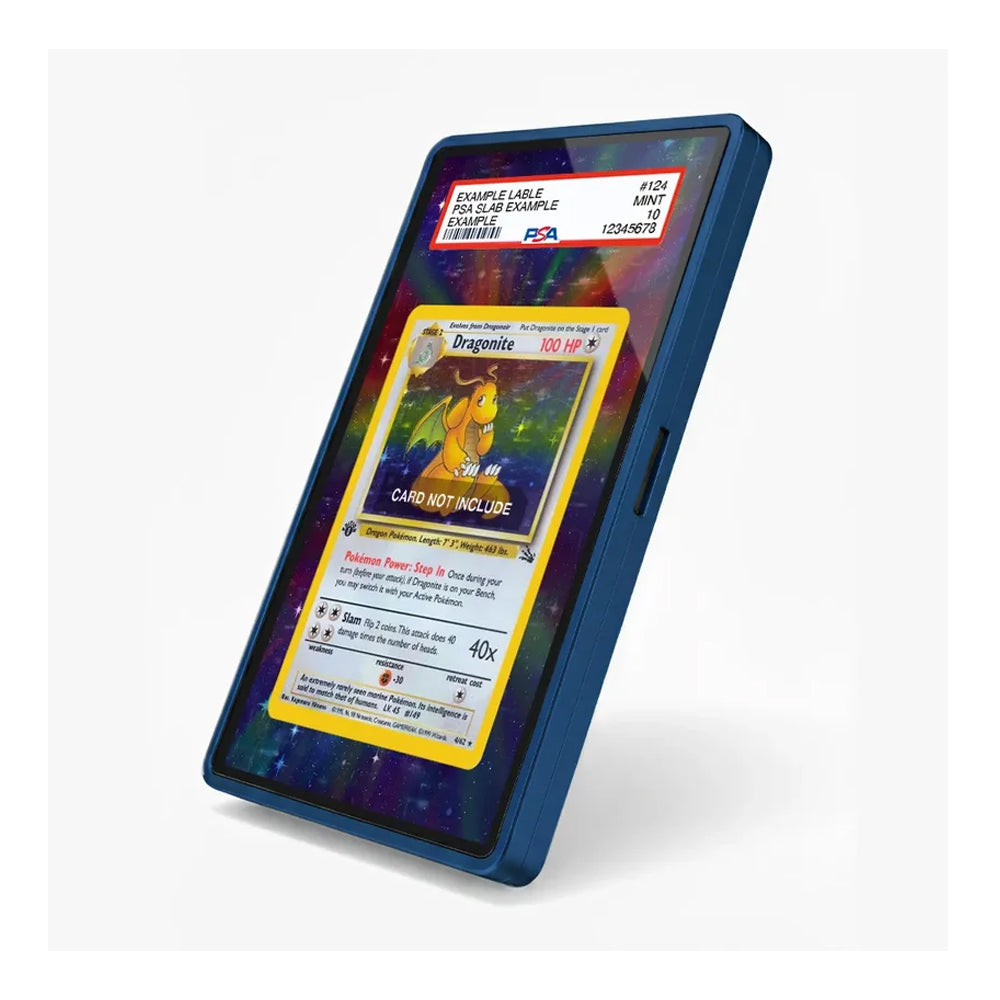 Angled view of the Dragonite Fossil-inspired extended art display case showcasing its vintage Pokémon theme.