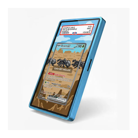 Angled view of the Durant extended art display case with its Pokémon-themed collector presentation.