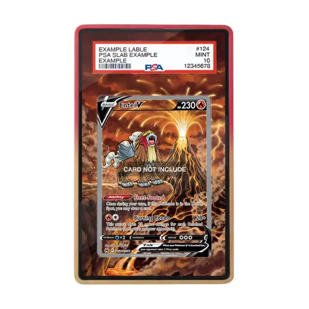 A PSA graded slat card displaying a Pokémon trading card design, with a red border and a PSA slab label at the top. The slab shows details including PSA branding, a card number, and a 'CARD NOT INCLUDE' notice over the artwork.