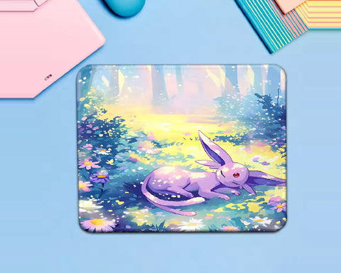 Espeon Pokémon mouse pad featuring a lavender Pokémon resting in a glowing fantasy forest surrounded by colorful flowers, pastel foliage, and dreamy pink, blue, purple, and yellow scenery.