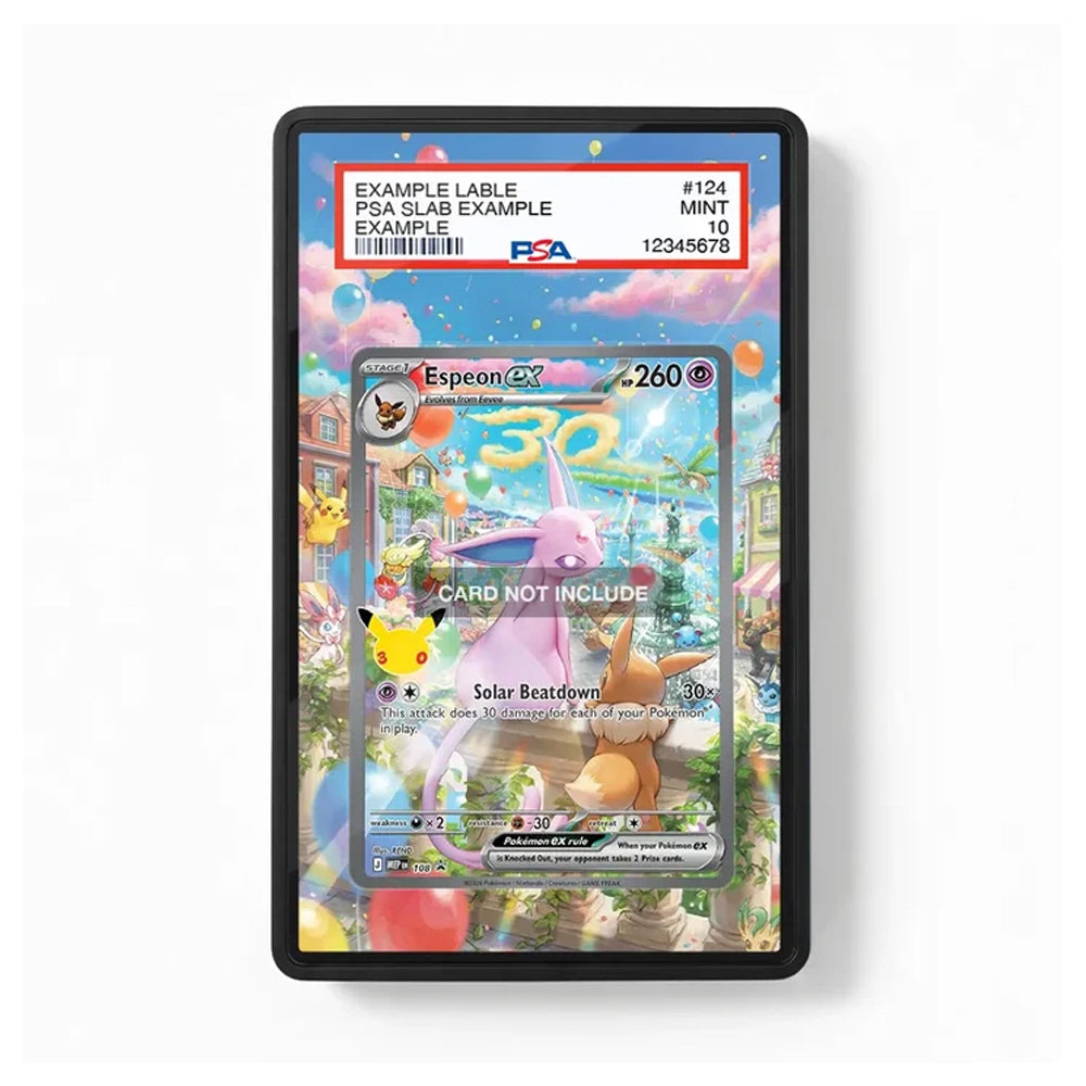 Espeon ex 108 promo Pokémon card extended-art display case with a custom collector-style background.