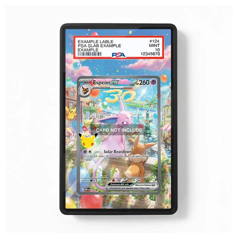 Espeon ex 108 promo Pokémon card extended-art display case with a custom collector-style background.