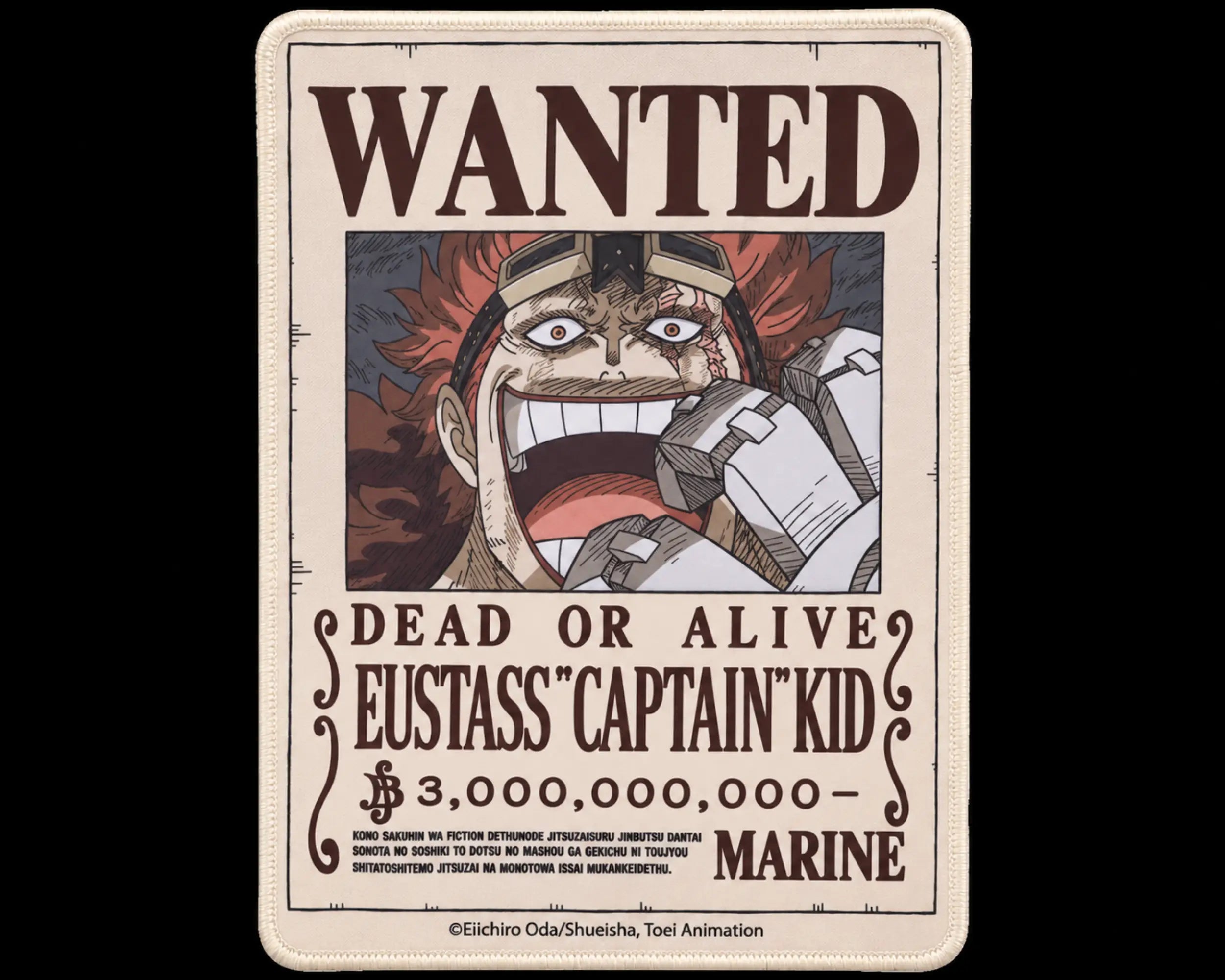 Eustass Captain Kid One Piece gaming mouse pad with a vintage Wanted Dead or Alive bounty poster, red-haired character artwork, cream background, and dark-brown lettering.