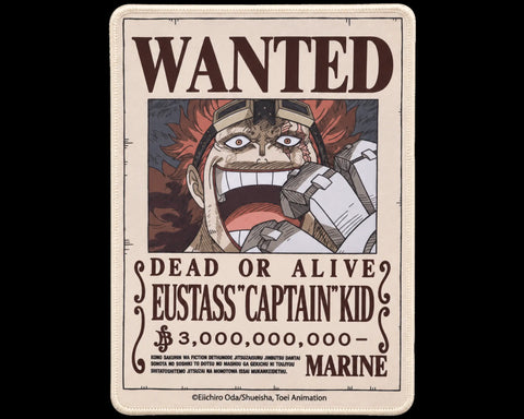 Eustass Captain Kid One Piece gaming mouse pad with a vintage Wanted Dead or Alive bounty poster, red-haired character artwork, cream background, and dark-brown lettering.