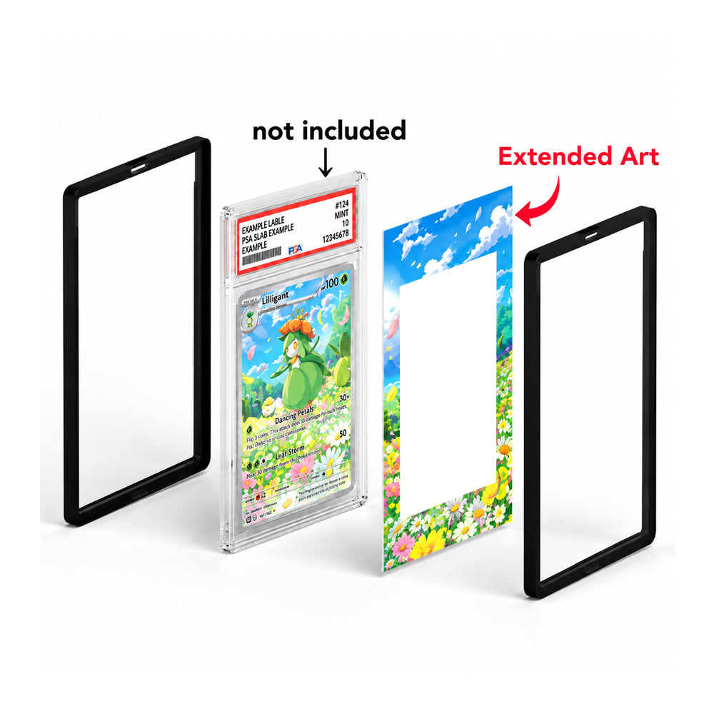 Extended art card case exploded view showing black frame pieces, a clear graded card holder, and a colorful extended art insert on a white background.