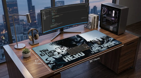 Extended Batman mouse pad 61x30 inch size on modern gaming desk, cinematic black and white villain quote design desk mat.