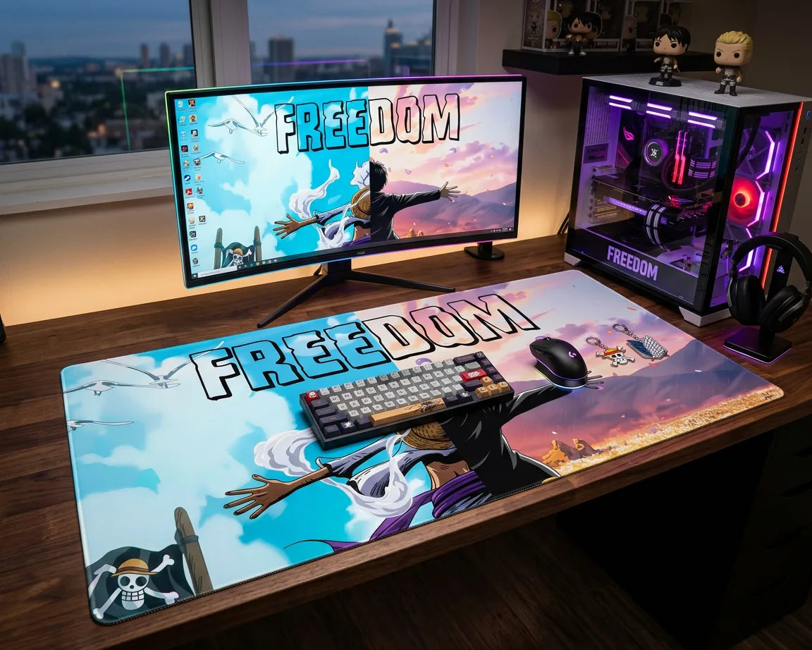 Extended anime mouse pad Freedom design on RGB gaming desk with mechanical keyboard, PC tower and widescreen monitor.
