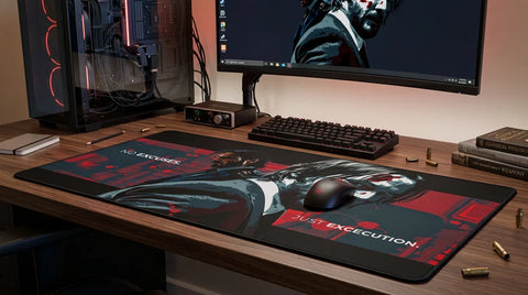 Extended gaming mouse pad with tactical assassin artwork and motivational quote, modern RGB desk setup aesthetic.