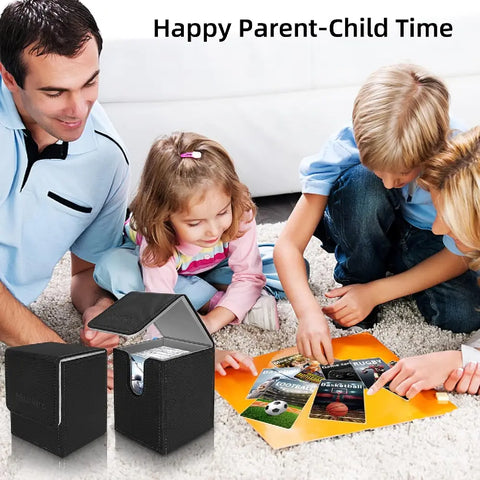 Family playing with trading cards featuring Mlikero magnetic deck boxes for safe and organized tabletop gaming and card collecting.