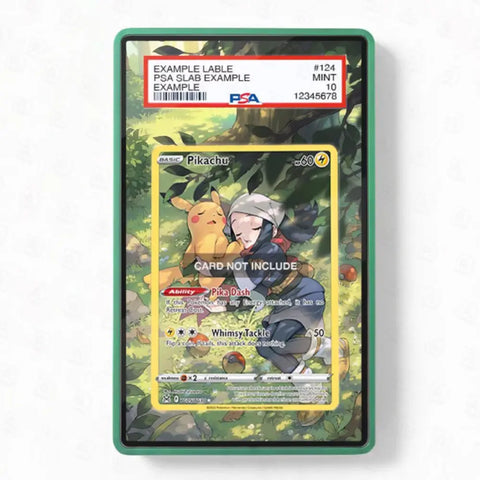 A PSA-graded collectible card slab containing a Pikachu-themed card, shown against a plain white background. The slab has a green border and a PSA label at the top with example text and a mint stamp on the right.
