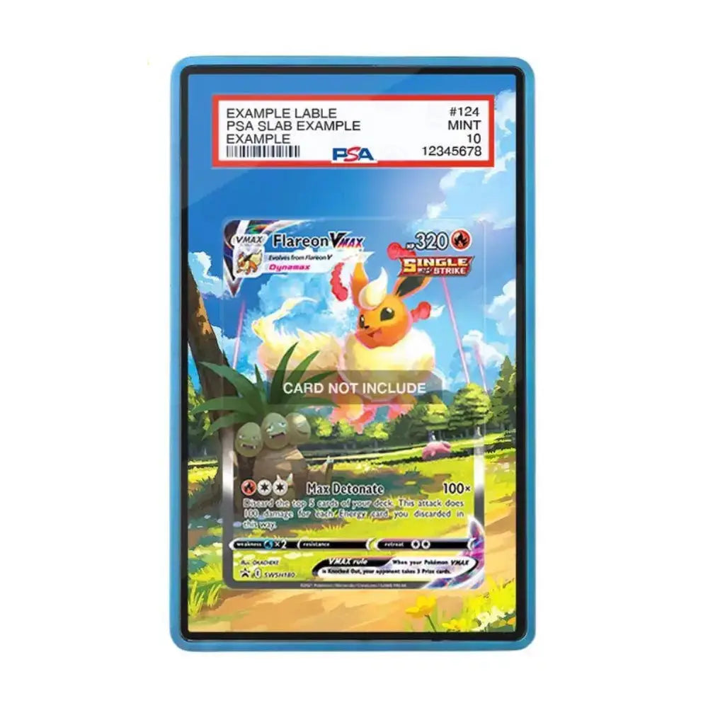 A PSA graded sample trading card in a blue slab, showing a colorful fantasy illustration with a character on a swing and a red grading label at the top. The slab includes visible PSA branding and text such as 'EXAMPLE TABLE' and 'PSA SLAB EXAMPLE'.