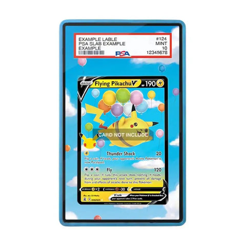 A PSA graded protective case containing a Pokémon trading card, shown against a plain white background. The case has a blue border and a clear top label reading 'EXAMPLE LABLE PSA SLAB EXAMPLE' with grading details.